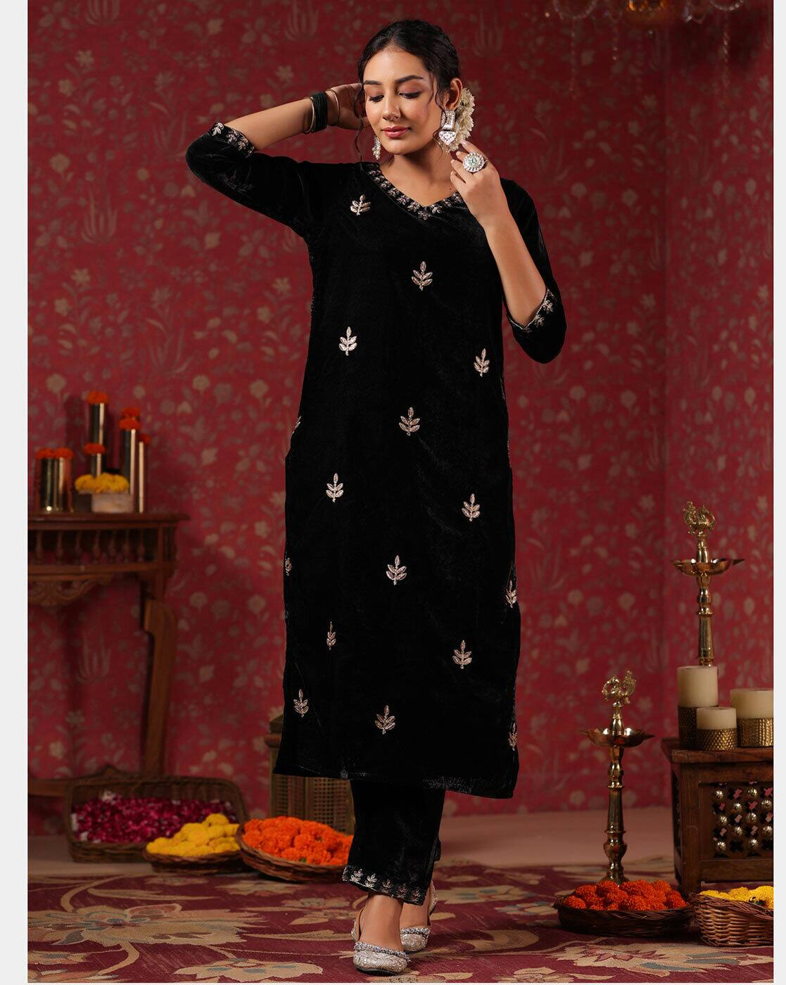 Aromie black velvet three piece kurta set with silver motifs and V neck Embroidered Anarkali Kurta Canada