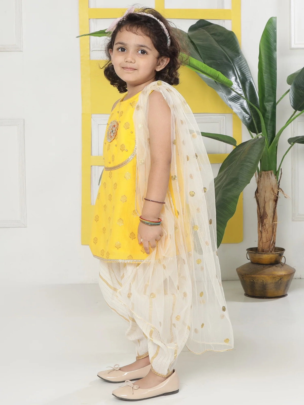 Yellow Cream Floral Zari Embroidery Cotton Kurta Salwar Set with Dupatta