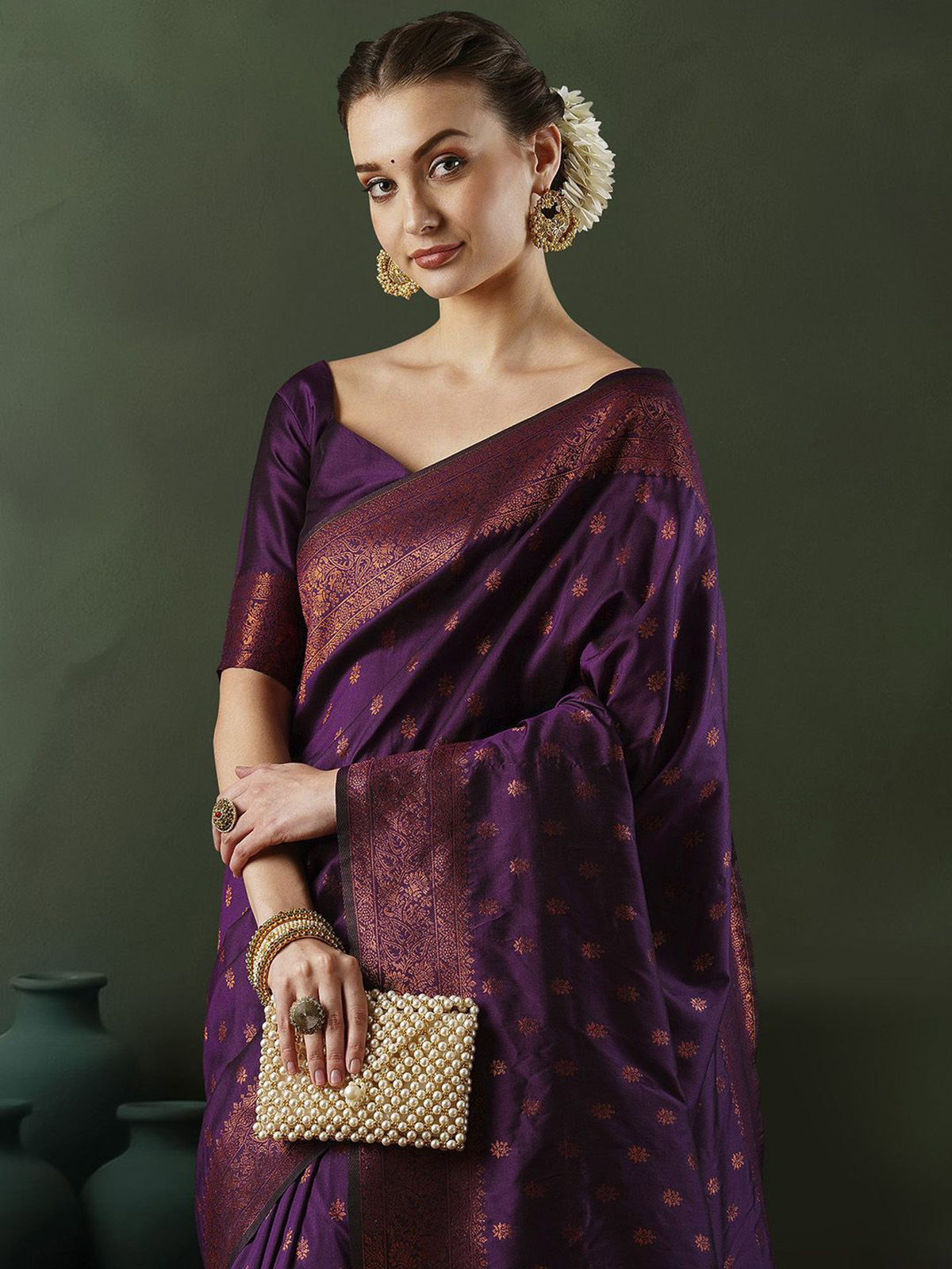 Purple Banarasi Silk Blend Saree with Woven Design & Zari Detail