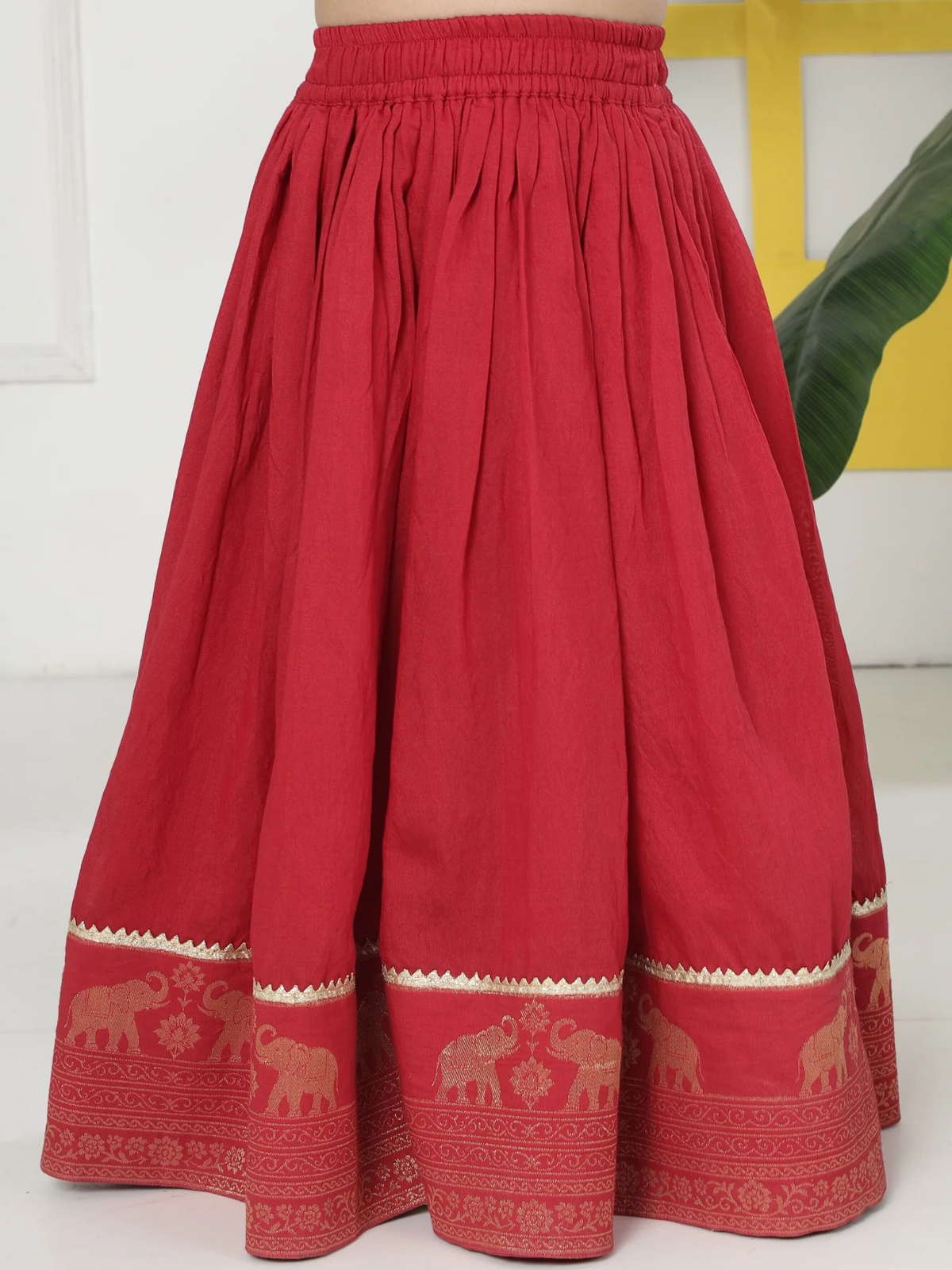 Red Elephant Zari Embroidery Chanderi Cotton Lehenga with Stitched Cream Blouse Set