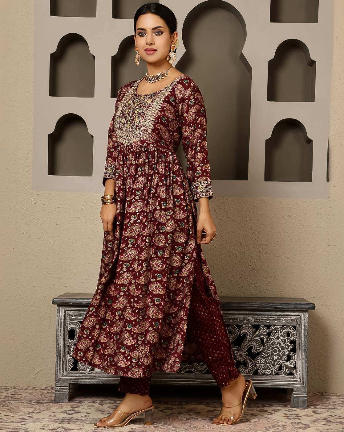 Aromie three piece cotton embroidered kurta set Canada in maroon with detailed embroidery and matching pants