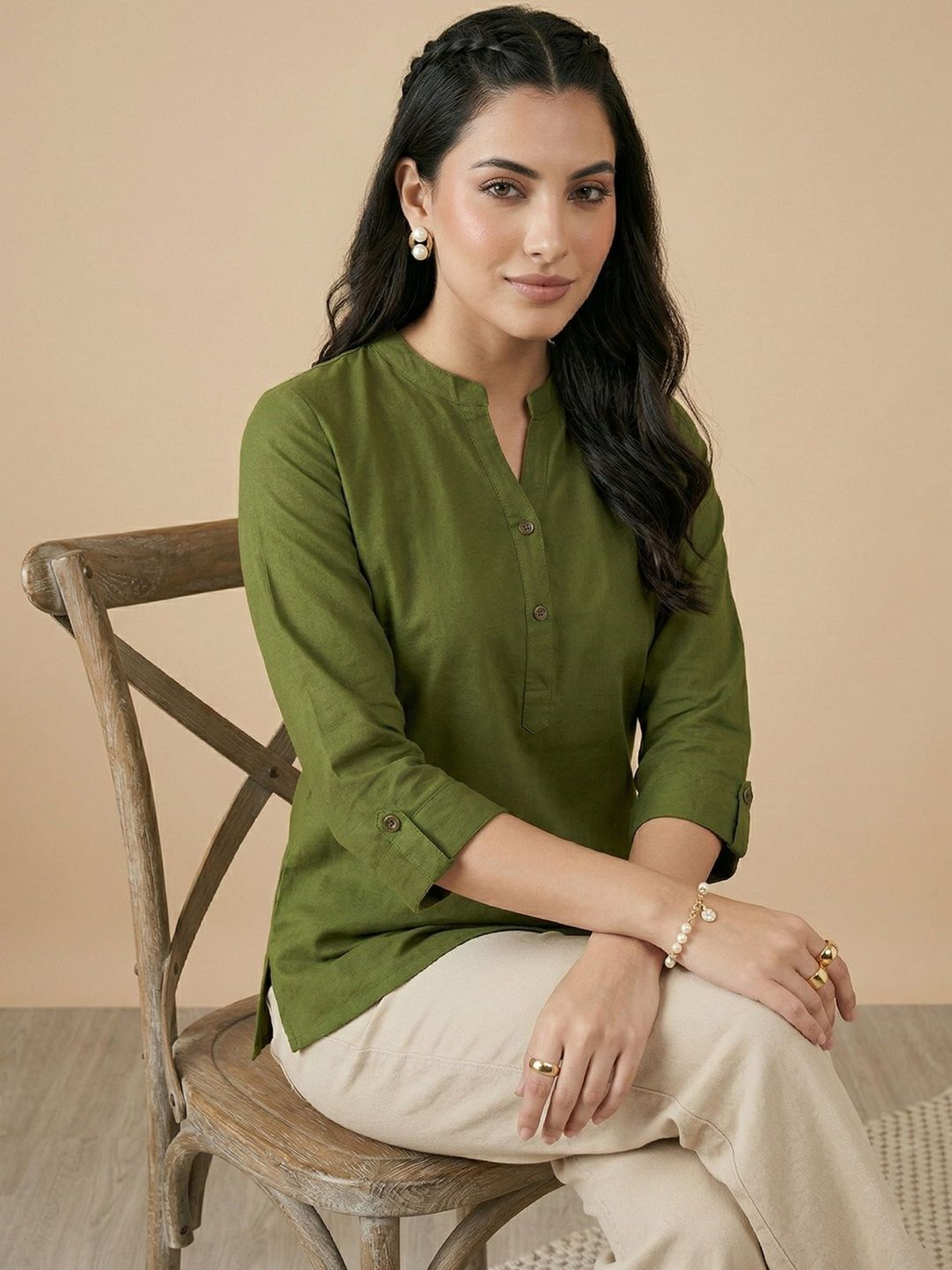 Women’s Olive Green Pure Cotton Kurti with Roll-Up Sleeves AROMIE.STORE