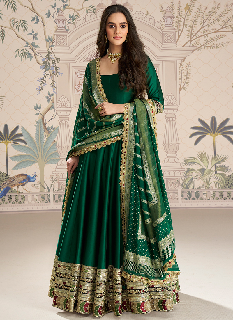 Teal Green Real Silk Embroidered Anarkali Gown