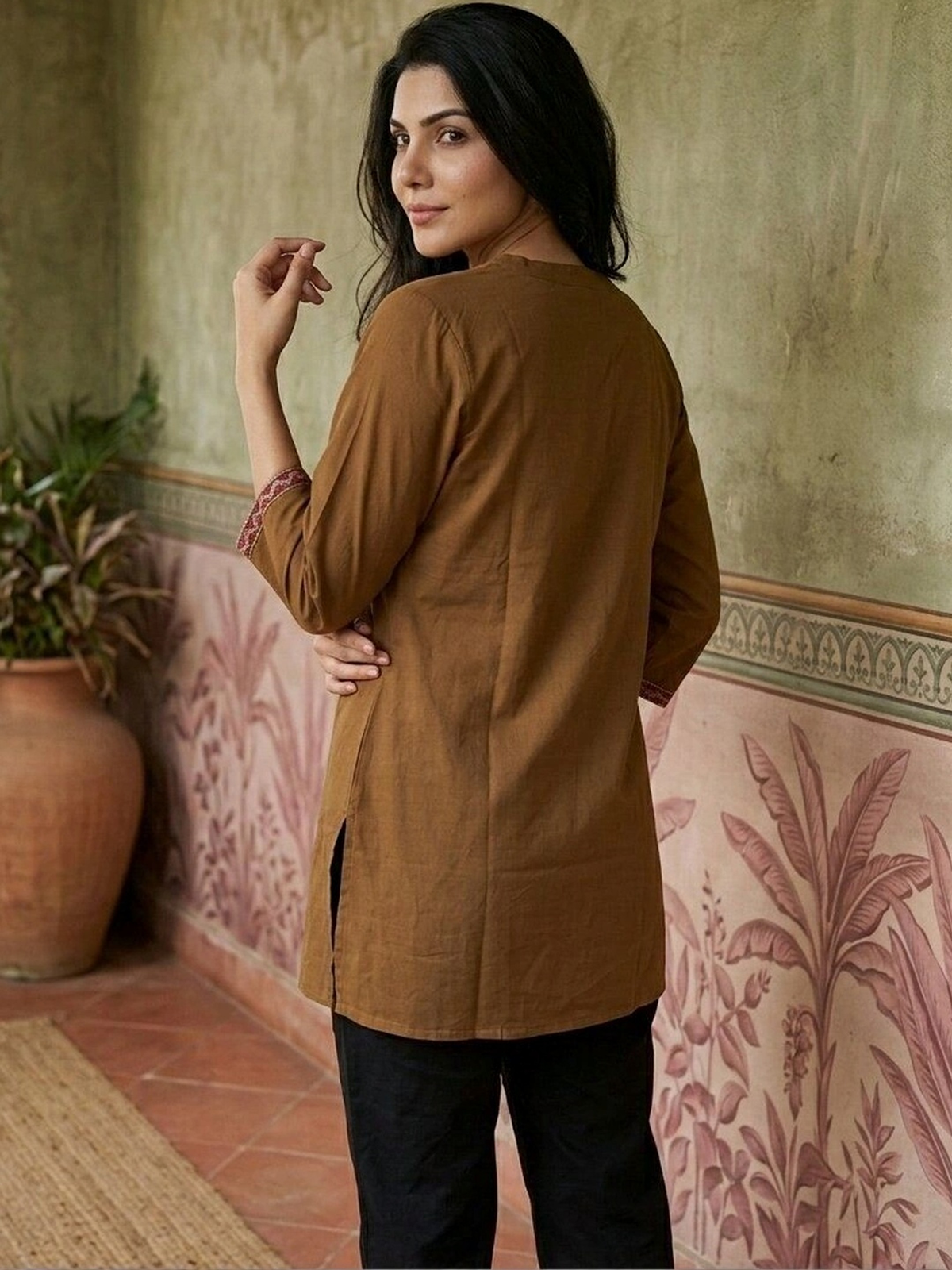 Women’s Brown Embroidered Rayon Kurti AROMIE.STORE