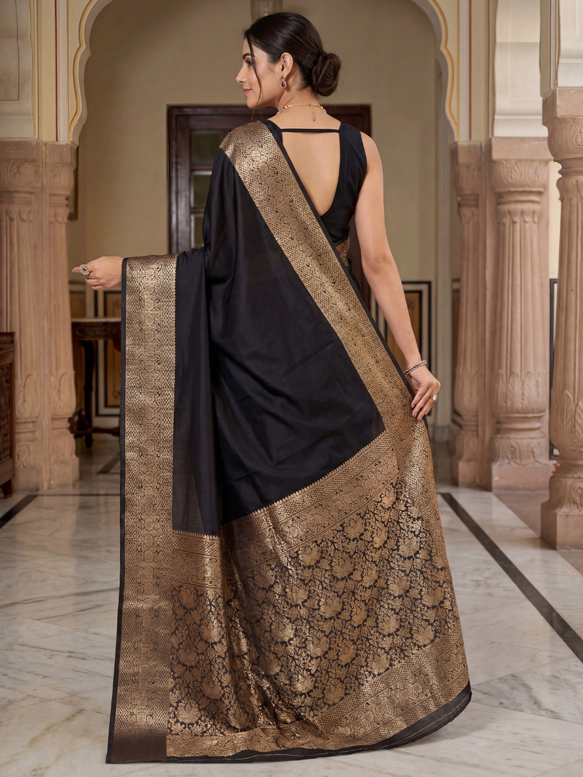 Black Banarasi Silk Blend Saree with Zari Woven Border