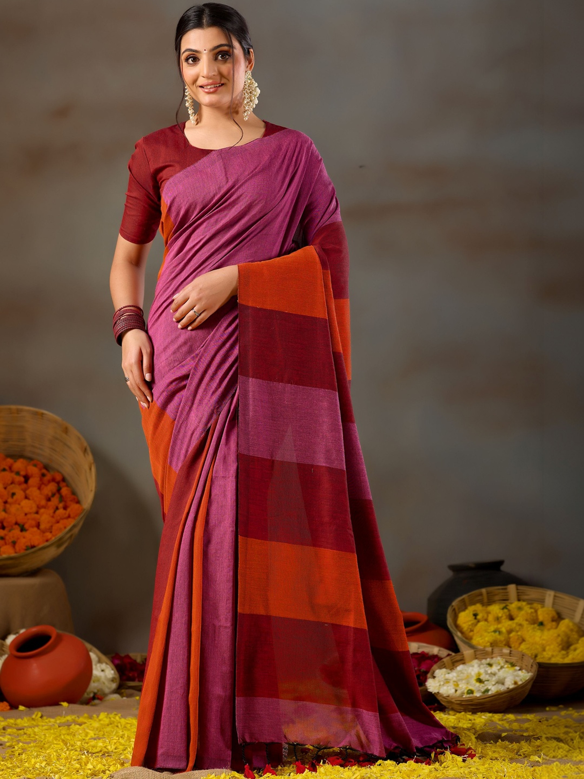 Maroon Solid Khadi Cotton Blend Ready-to-Wear Saree with Zari Detail