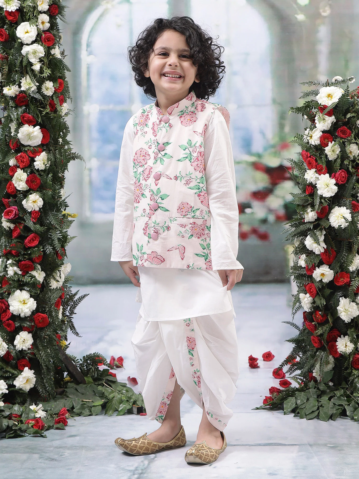 Baby Pink Floral Butterfly Nehru Jacket with Cotton Kurta Dhoti Set