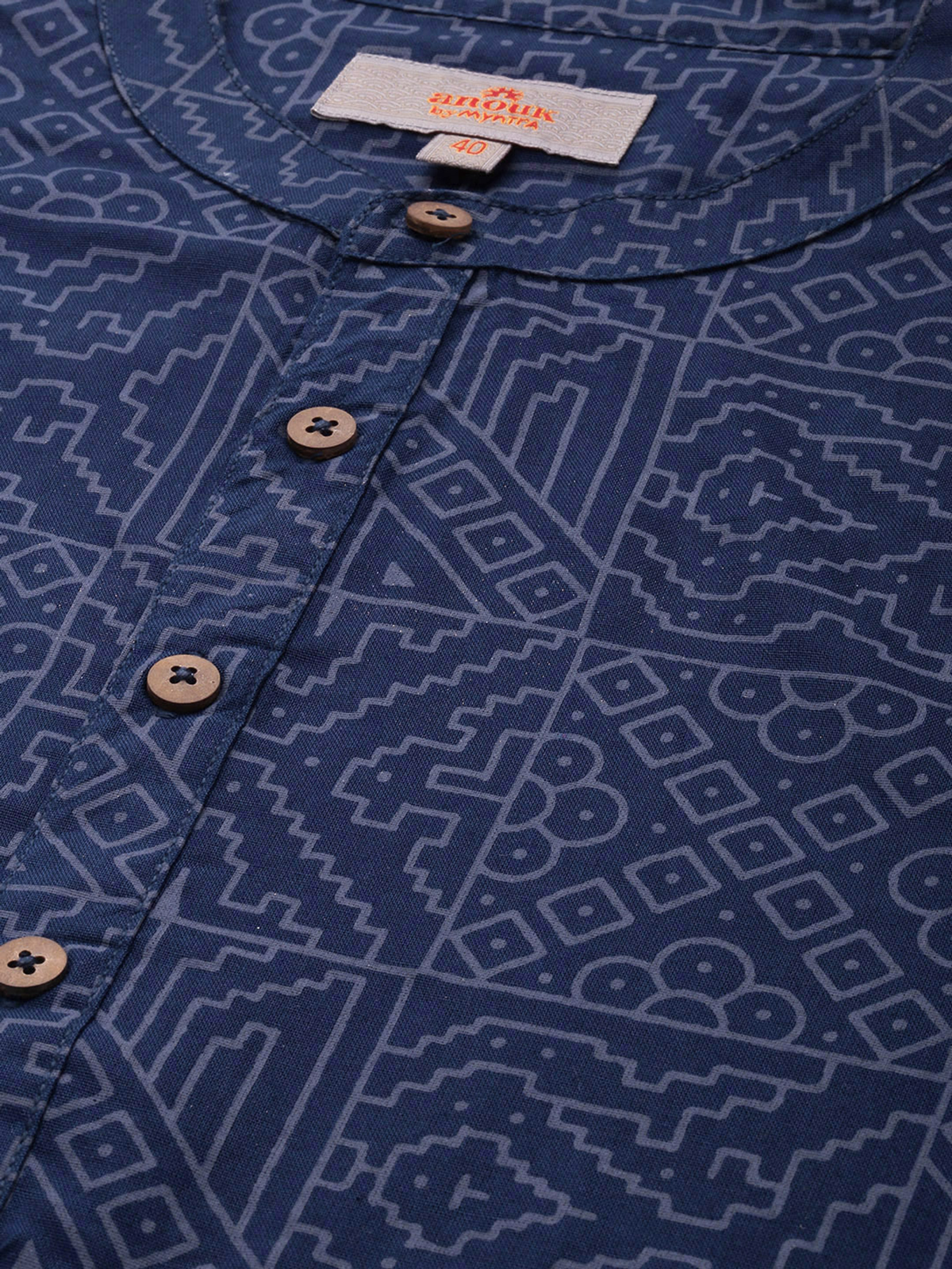 Men’s Navy Blue Geometric Print Cotton Short Kurta AROMIE | Affordable Indian Clothes & Dresses in Canada