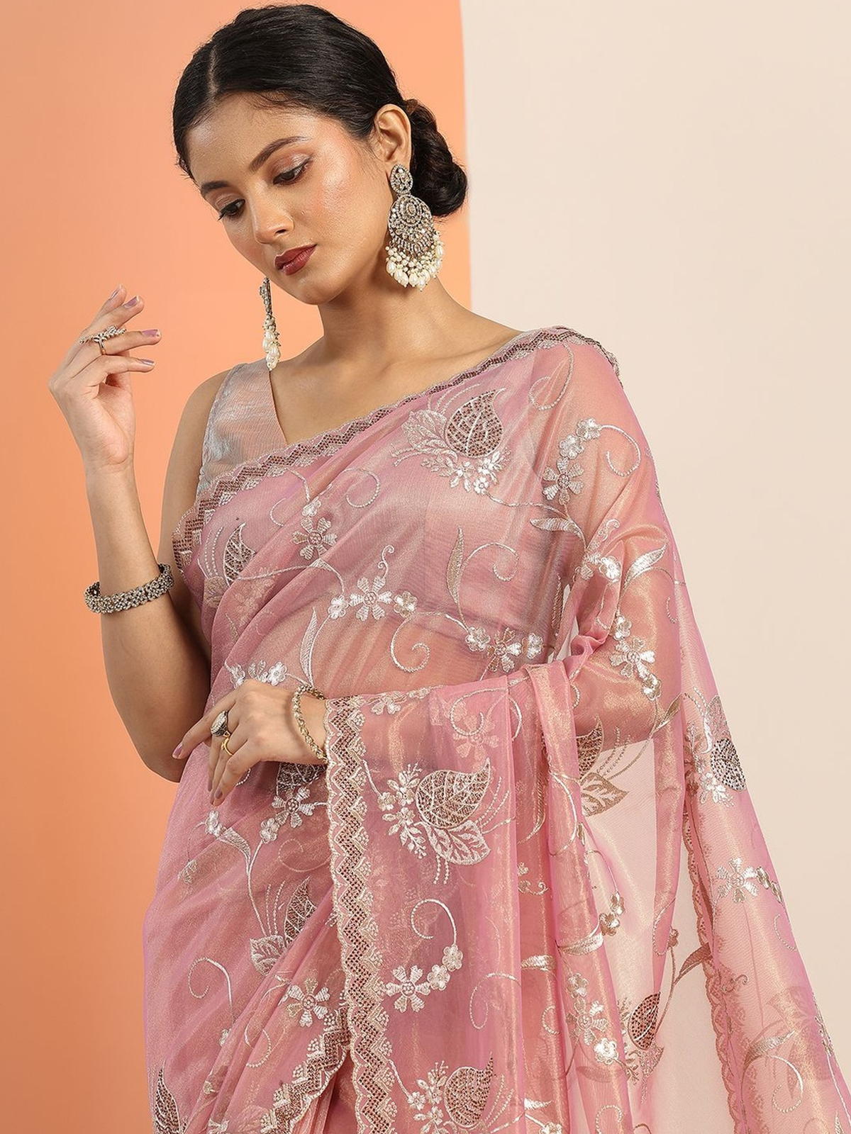 Pink Floral Embroidered Net Saree with Blouse Piece aromie