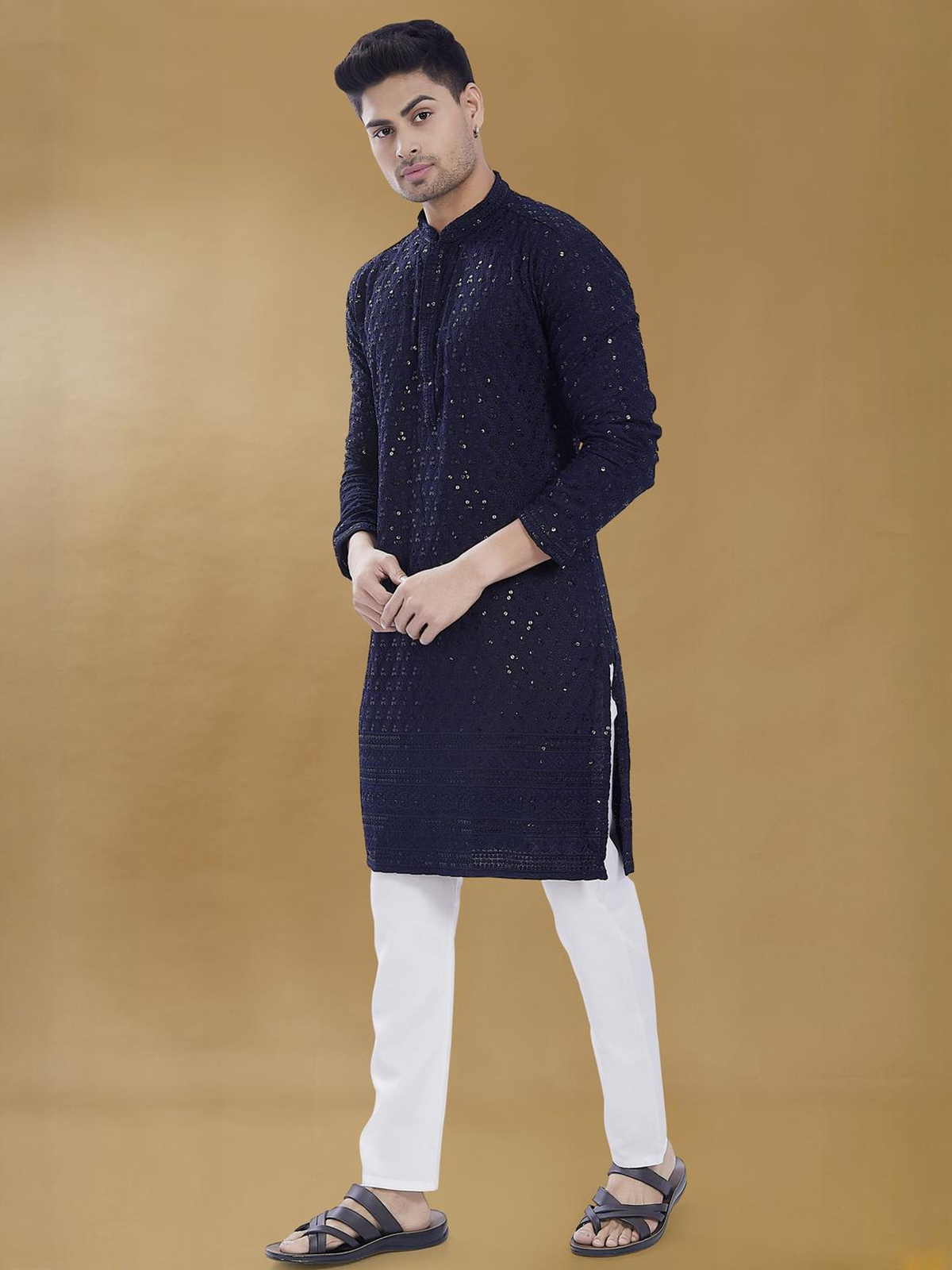 Men’s Navy Blue Chikankari Embroidered Rayon Kurta AROMIE | Affordable Indian Clothes & Dresses in Canada
