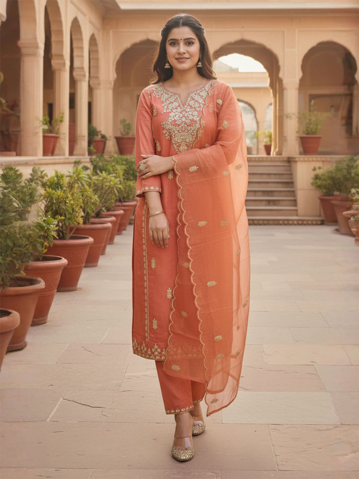 Cream Floral Printed Cotton Anarkali Kurta Set with Trousers & Dupatta