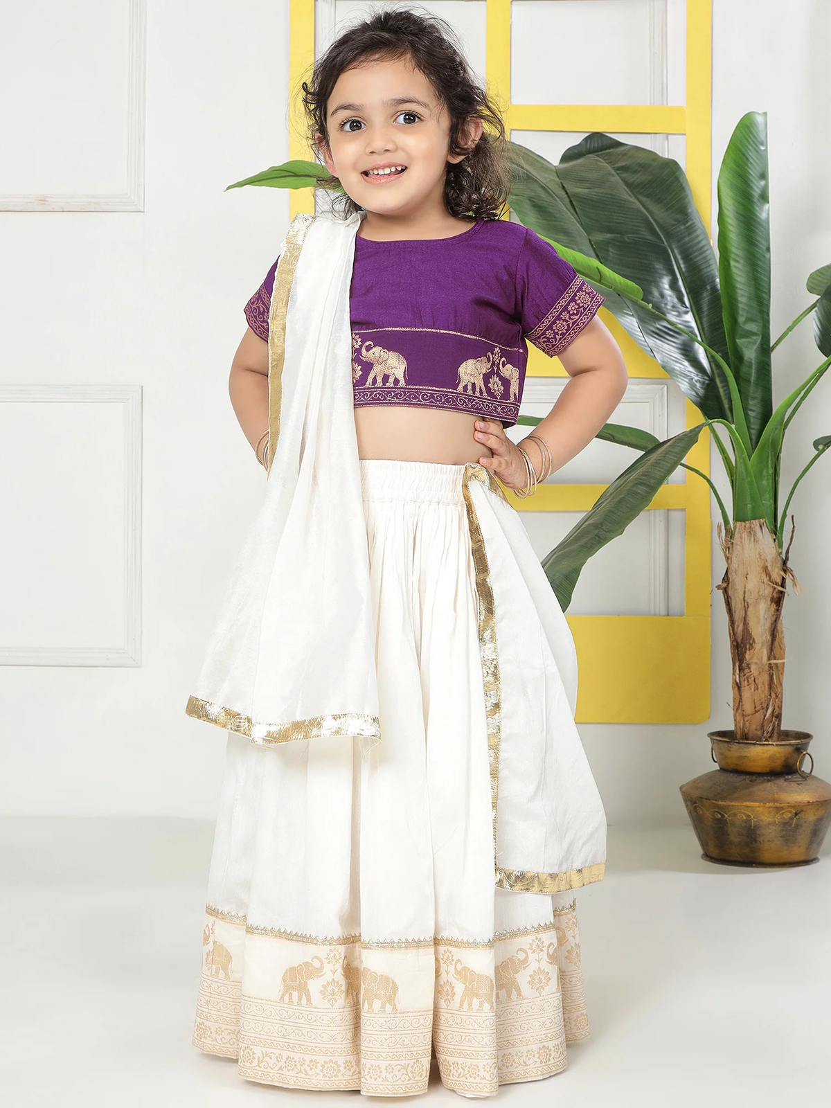 Cream Elephant Zari Embroidery Chanderi Cotton Lehenga with Stitched Purple blouse Set