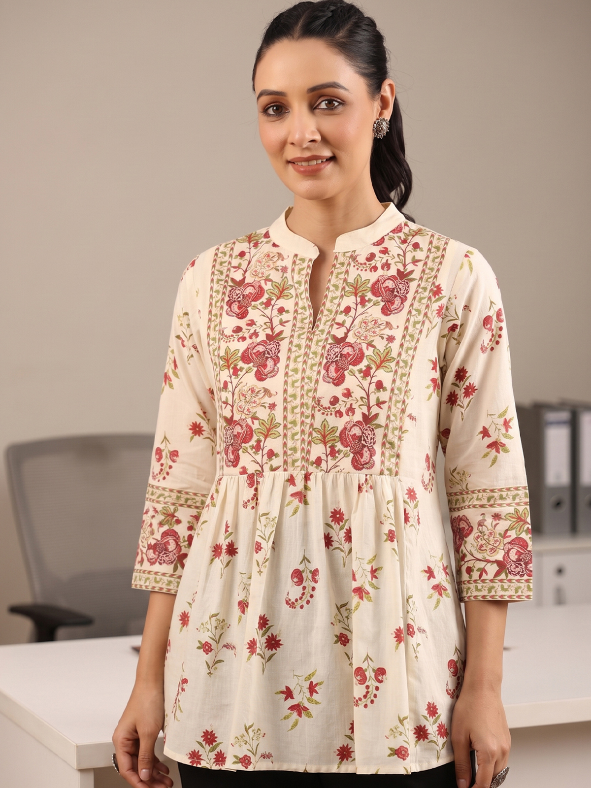 Women’s Cream & Red Floral Print Cotton A-Line Kurti AROMIE.STORE