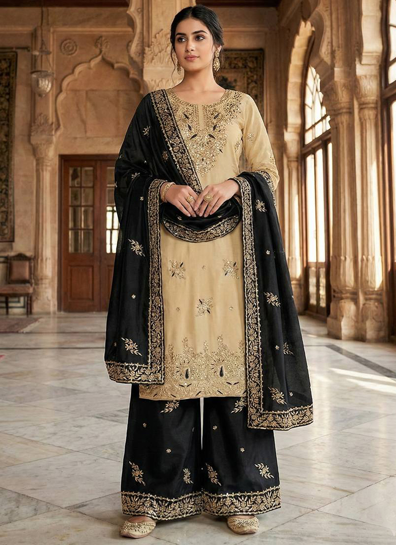 Cream Jimmy Silk Sequins Work Salwar Suit