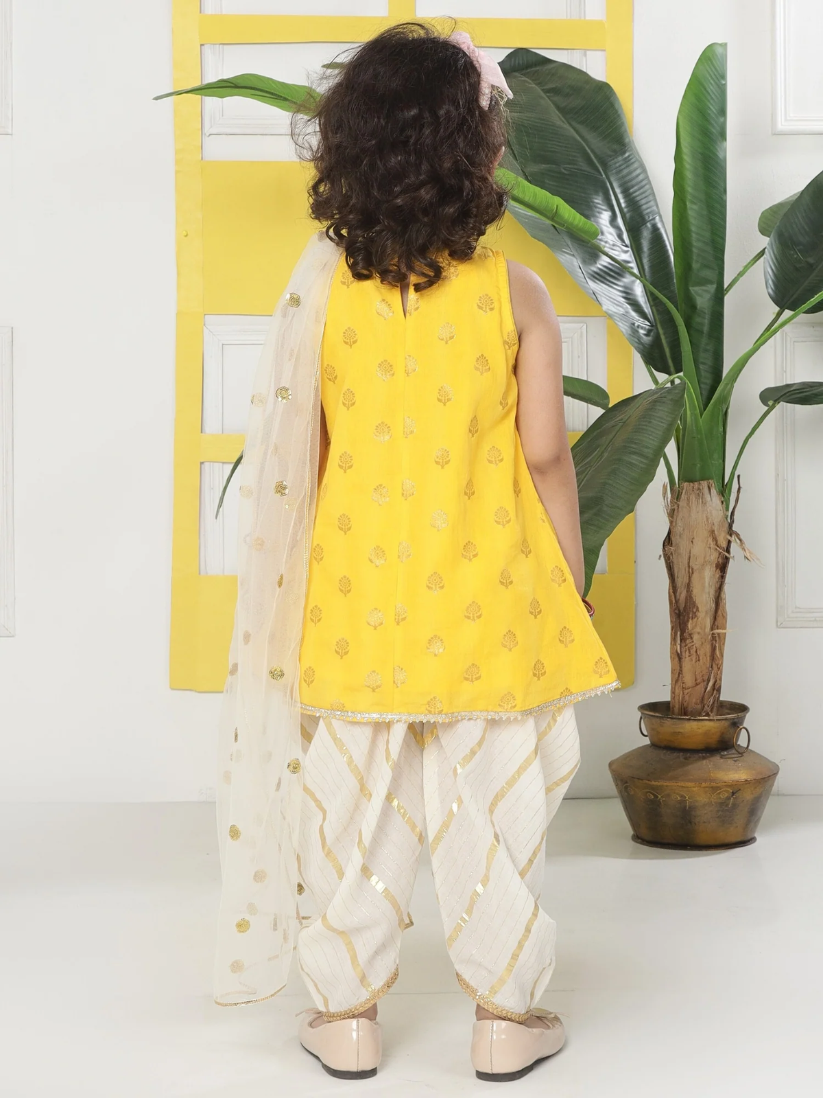 Yellow Cream Floral Zari Embroidery Cotton Kurta Salwar Set with Dupatta