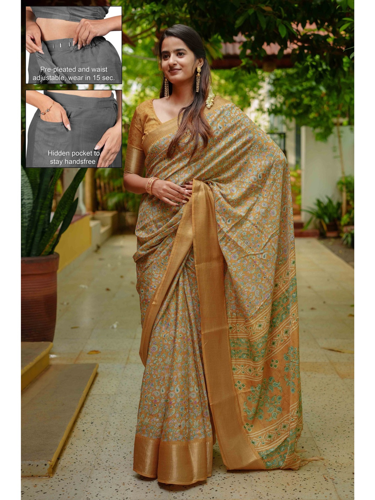 Yellow & Green Floral Printed Cotton Silk Ready-to-Wear Saree with Zari Border