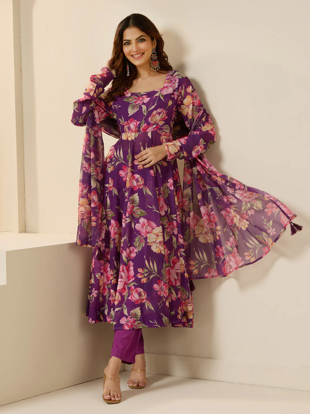 Graceful purple Polyester Printed fit and flare Kurta set with dupatta