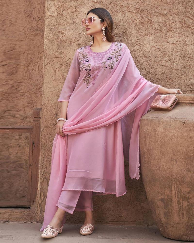 Aromie pink three piece Anarkali Kurta Set Canada with embroidered yoke sheer dupatta and straight pants