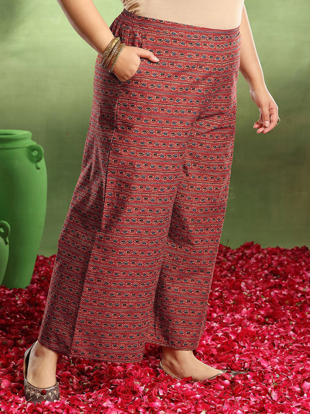 Plus Size Rust Floral Kurta Set with Palazzos & Dupatta aromie