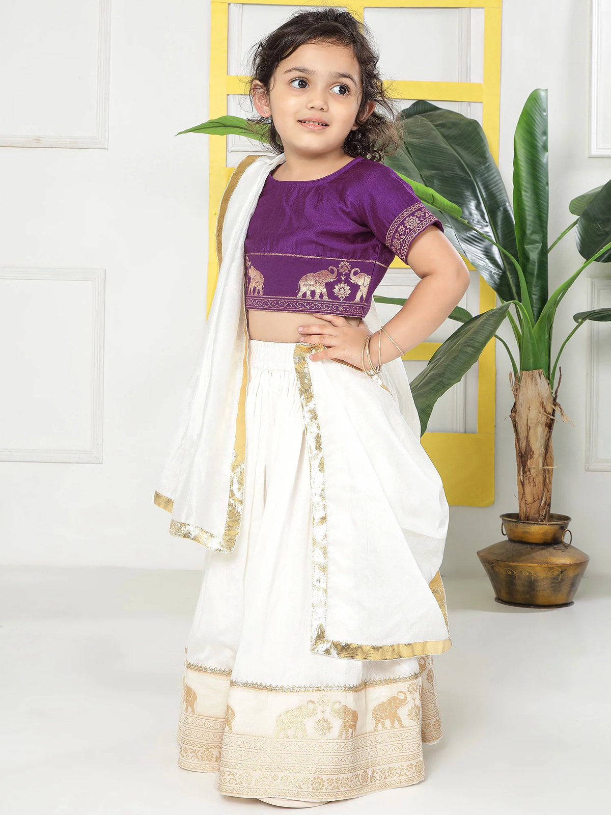 Cream Elephant Zari Embroidery Chanderi Cotton Lehenga with Stitched Purple blouse Set