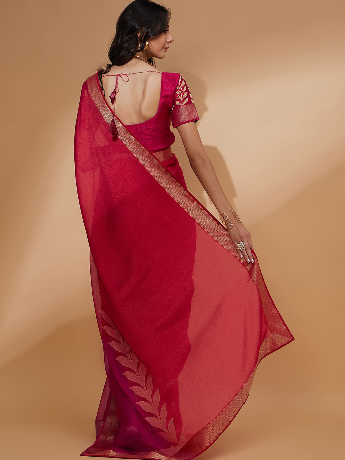 Pink Floral Woven Design Zari Detailed Pure Chiffon Saree aromie