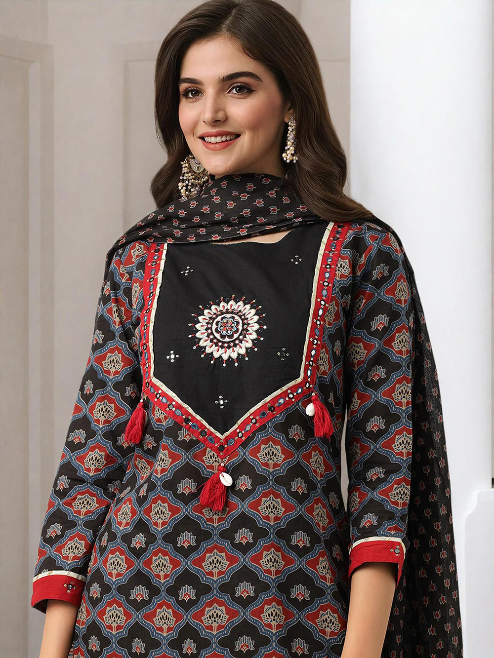 Comfy Black Pure Cotton Ajrakh Print Straight fit kurta set with dupatta
