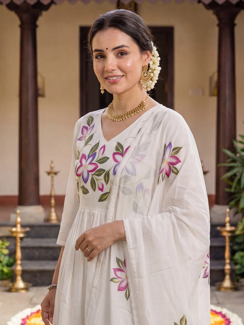 Off-White Floral Printed Cotton Anarkali Set with Dupatta aromie