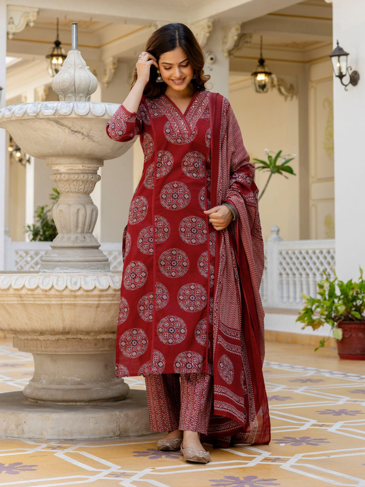 Women Printed Regular Mirror Work Pure Cotton Kurta with Palazzos & With Dupatta