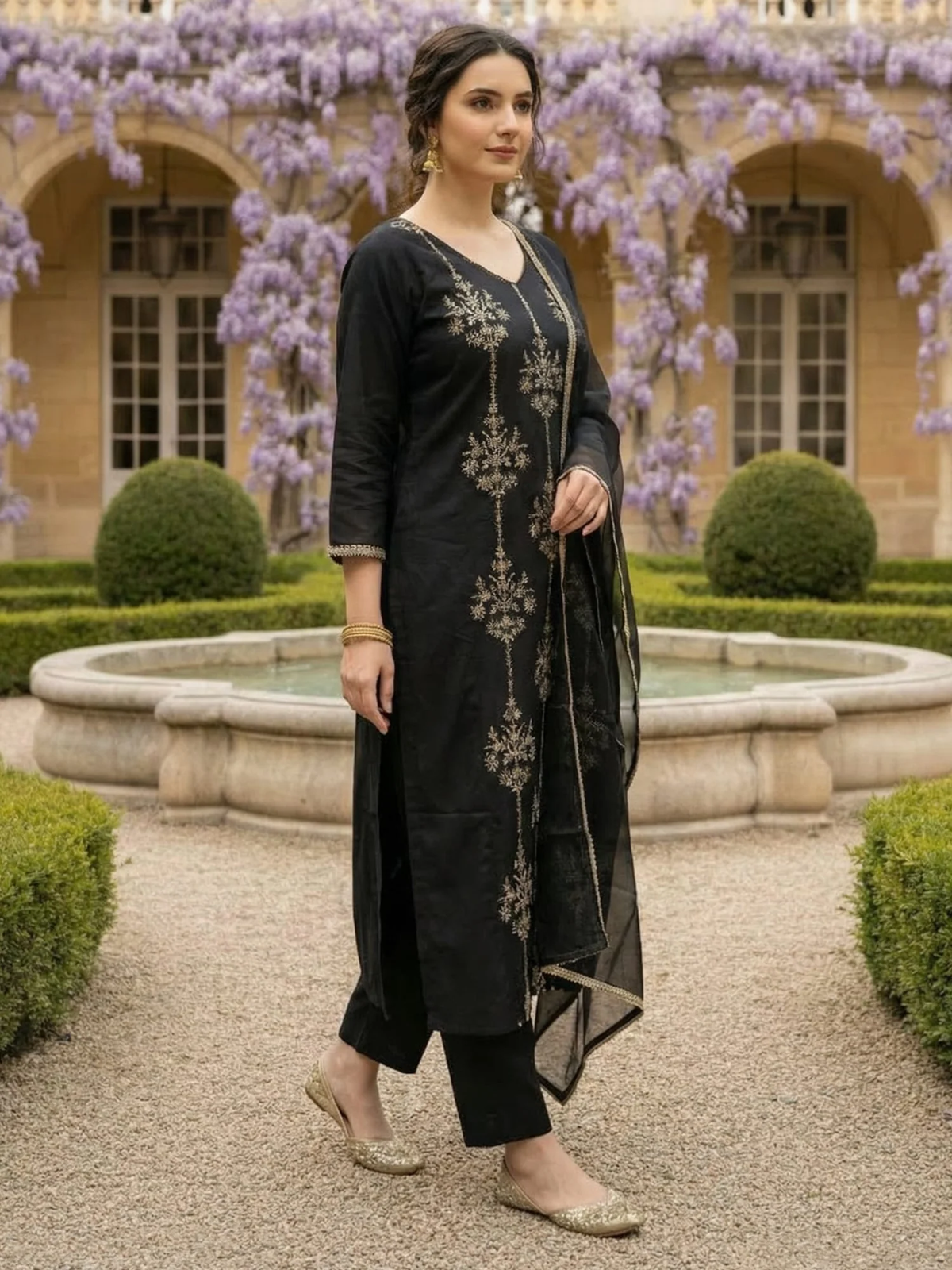 Woman in black traditional outfit with floral embroidery standing in a garden with purple flowers and stone fountain.