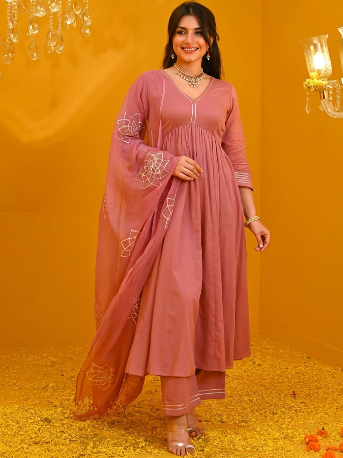 Pink Solid Empire Anarkali Kurta Set with Trousers & Embroidered Dupatta