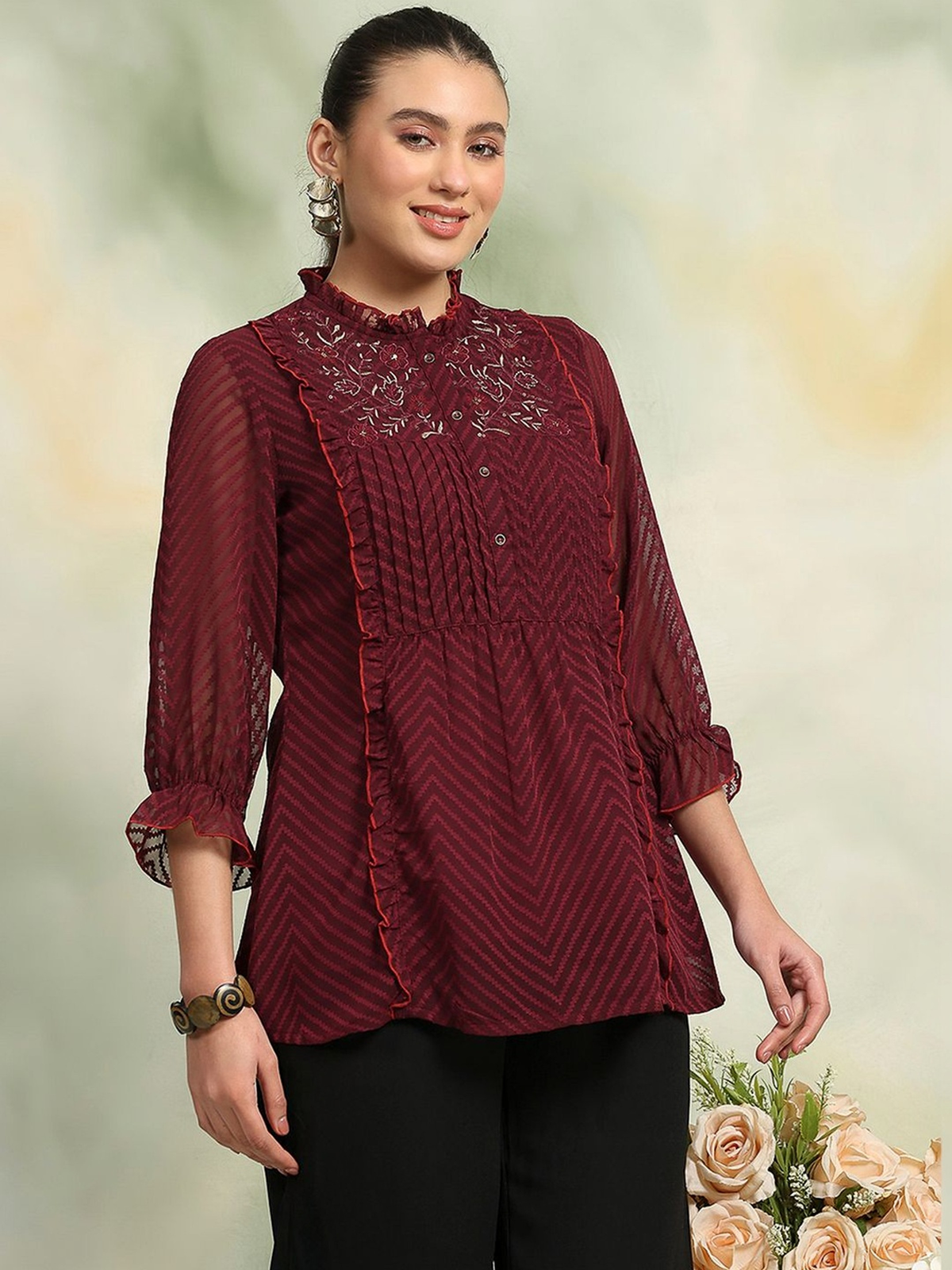 Women’s Maroon Georgette Kurti with Thread Work AROMIE.STORE