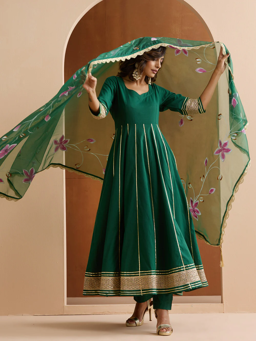 Graceful Green Cotton Blend Zari embroidery Fit And Flare kurta set with hand painted dupatta