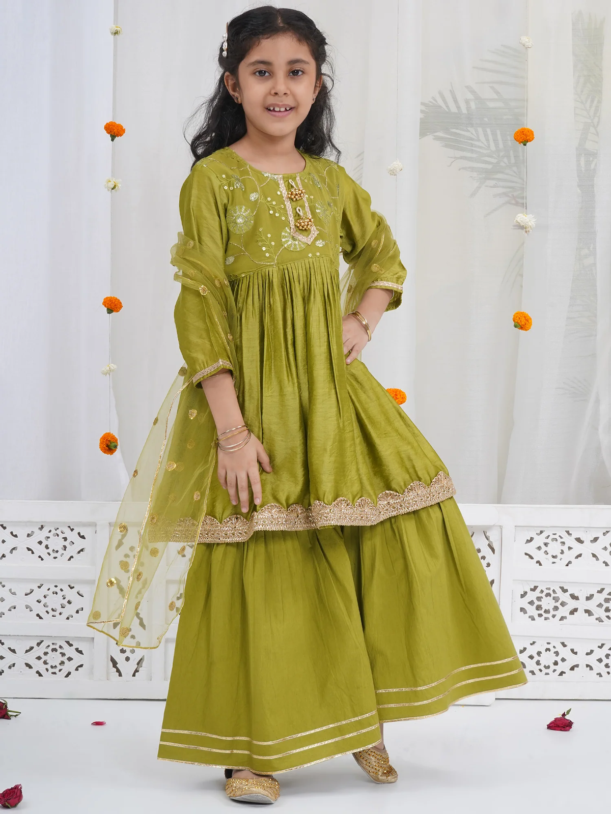 Girls Mehendi Green Chanderi Silk Floral Embroidery Kurta Sharara Set with Dupatta & Cotton Lining