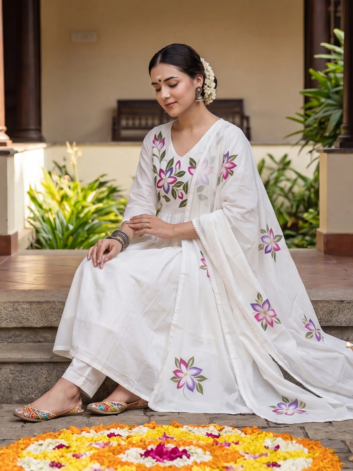Off-White Floral Printed Cotton Anarkali Set with Dupatta aromie