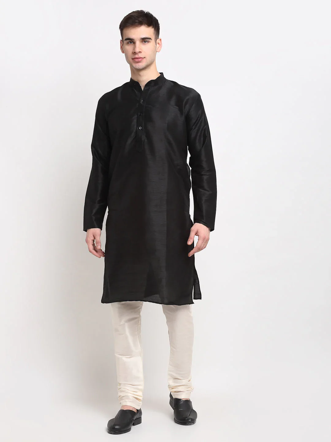 Jompers Men's Black Solid Dupion Silk Kurta Only