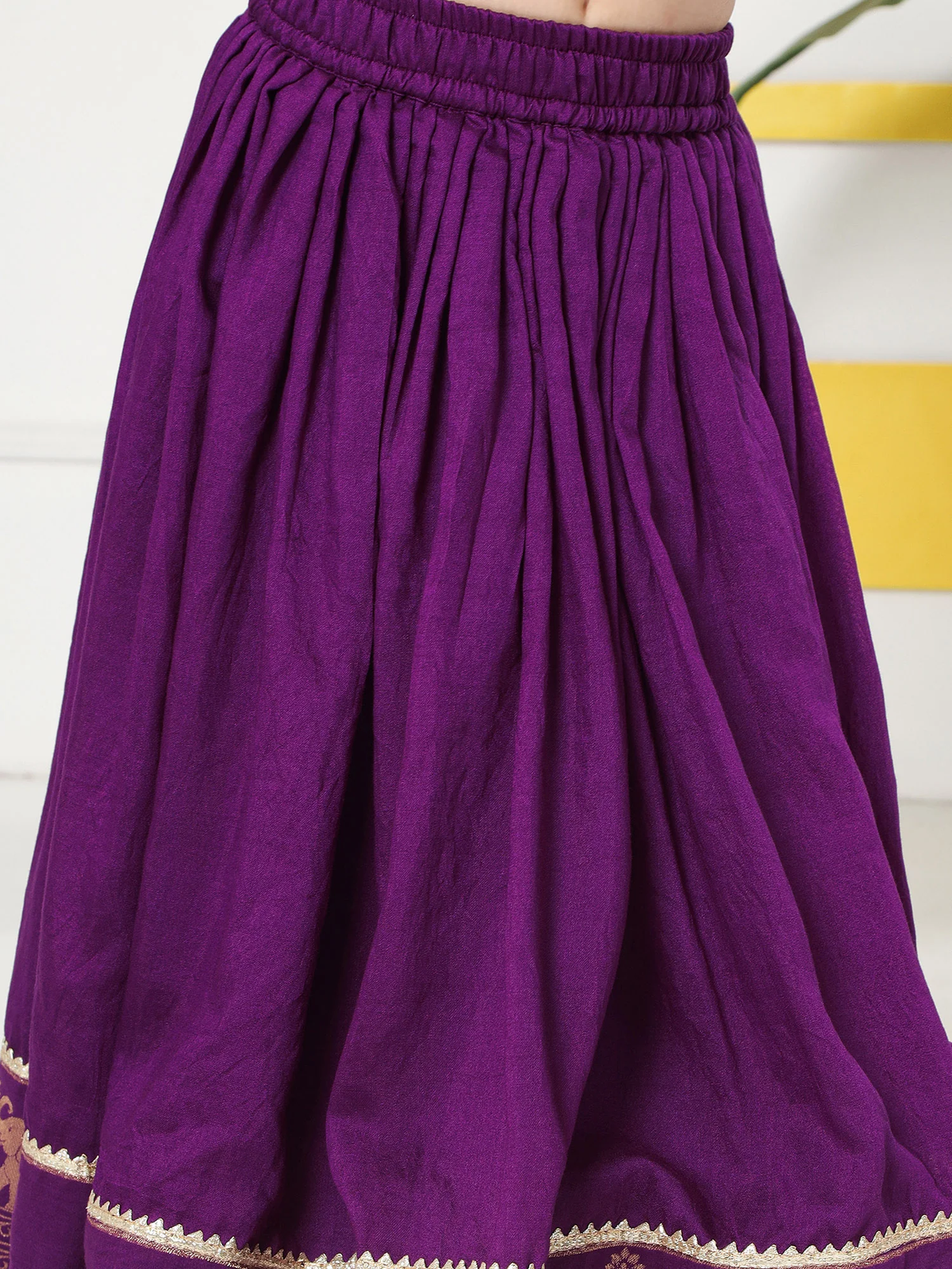 Purple Elephant Zari Embroidery Chanderi Cotton Lehenga with Stitched Yellow Blouse Set