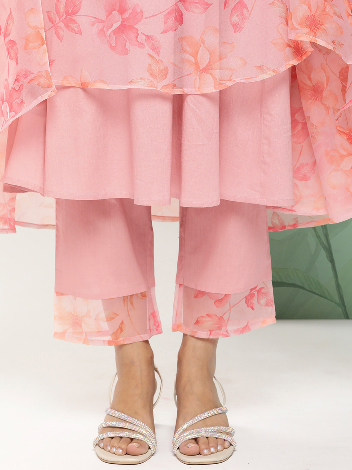 Aromie embroidered cotton kurta set three piece pink floral layered kurta with cropped pants and sandals