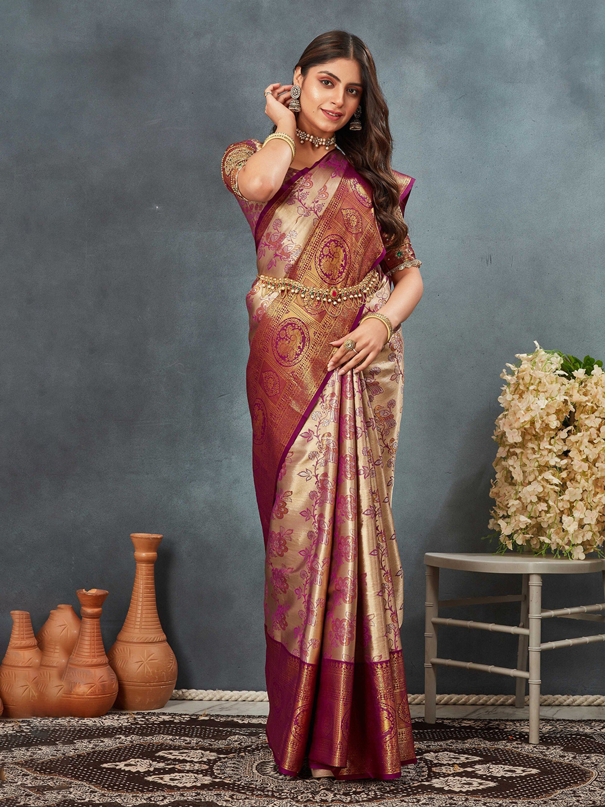 Purple & Gold Dharmavaram Silk Blend Saree with Zari Woven Border