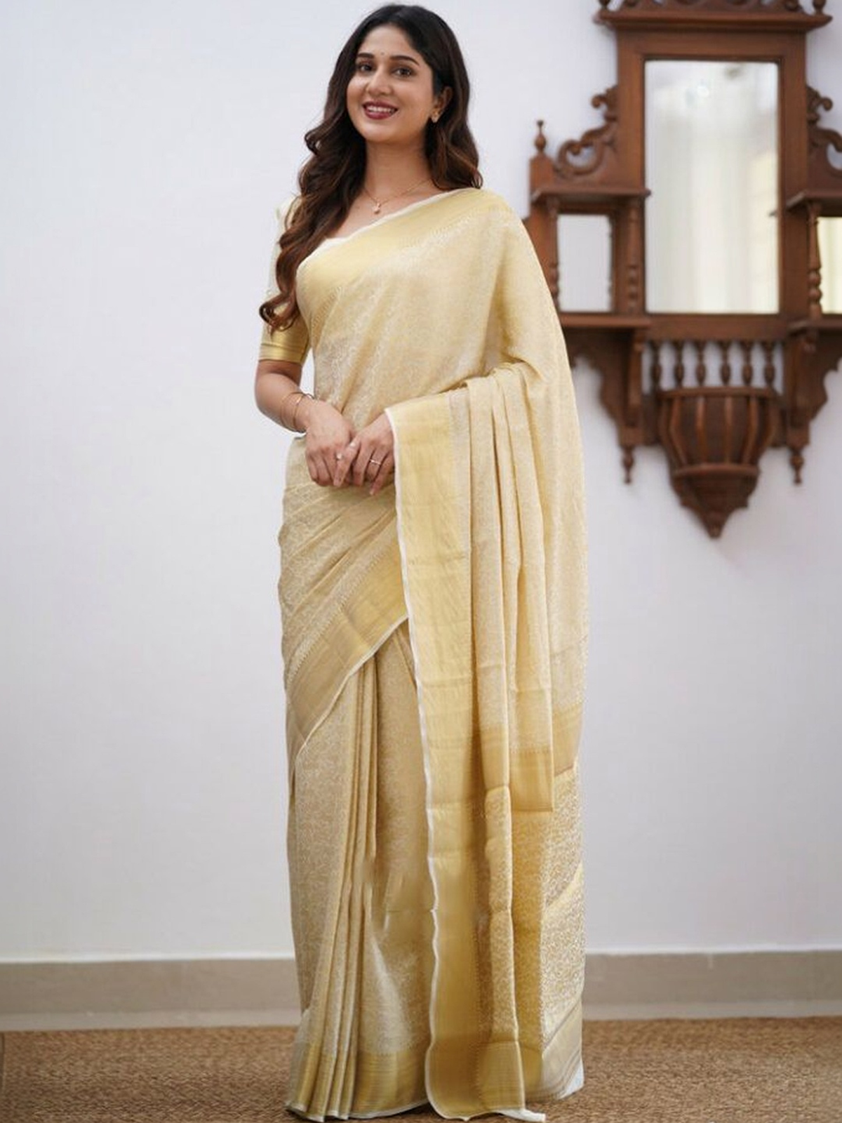 Cream Banarasi Zari Silk Saree with Woven Design & Zari Border
