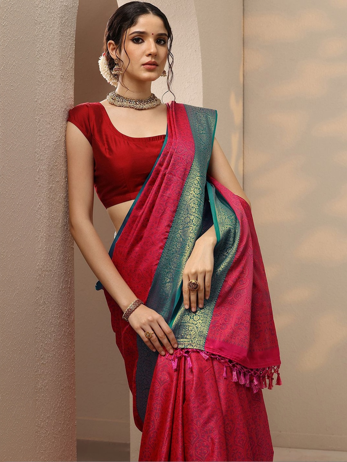 Red Kanjeevaram Silk Blend Saree with Woven Ethnic Motifs aromie