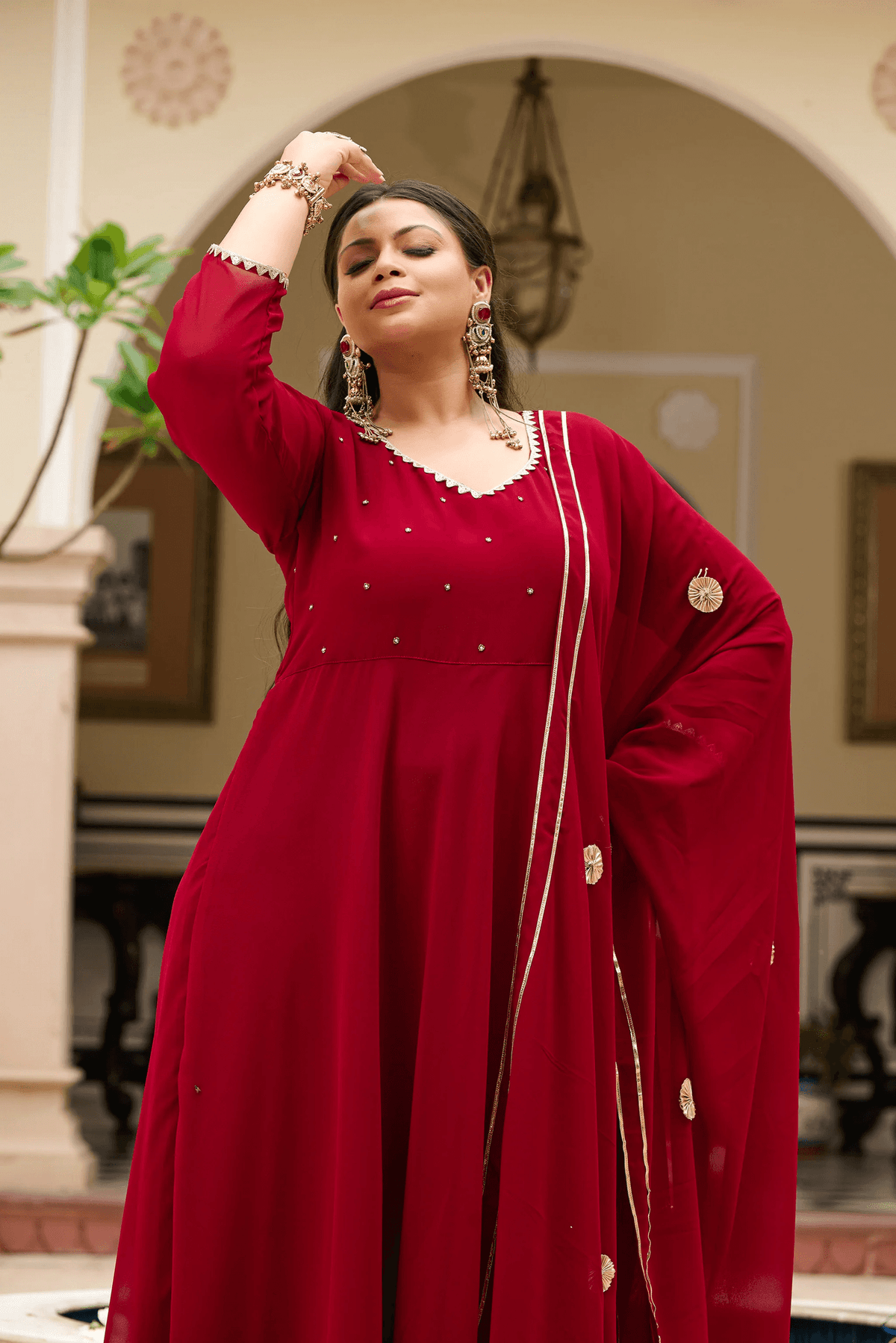 Women Embroidered Zari Georgette Anarkali Kurta with Dupatta