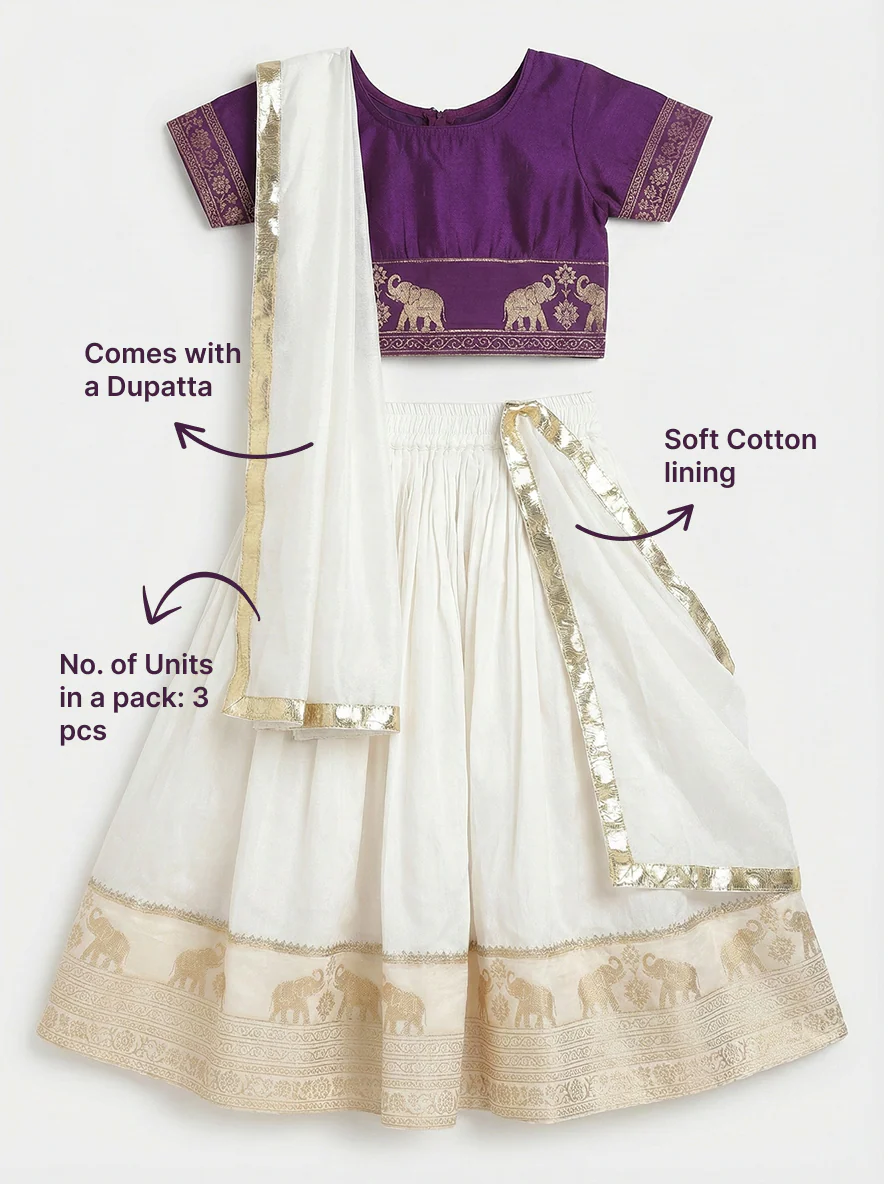 Cream Elephant Zari Embroidery Chanderi Cotton Lehenga with Stitched Purple blouse Set