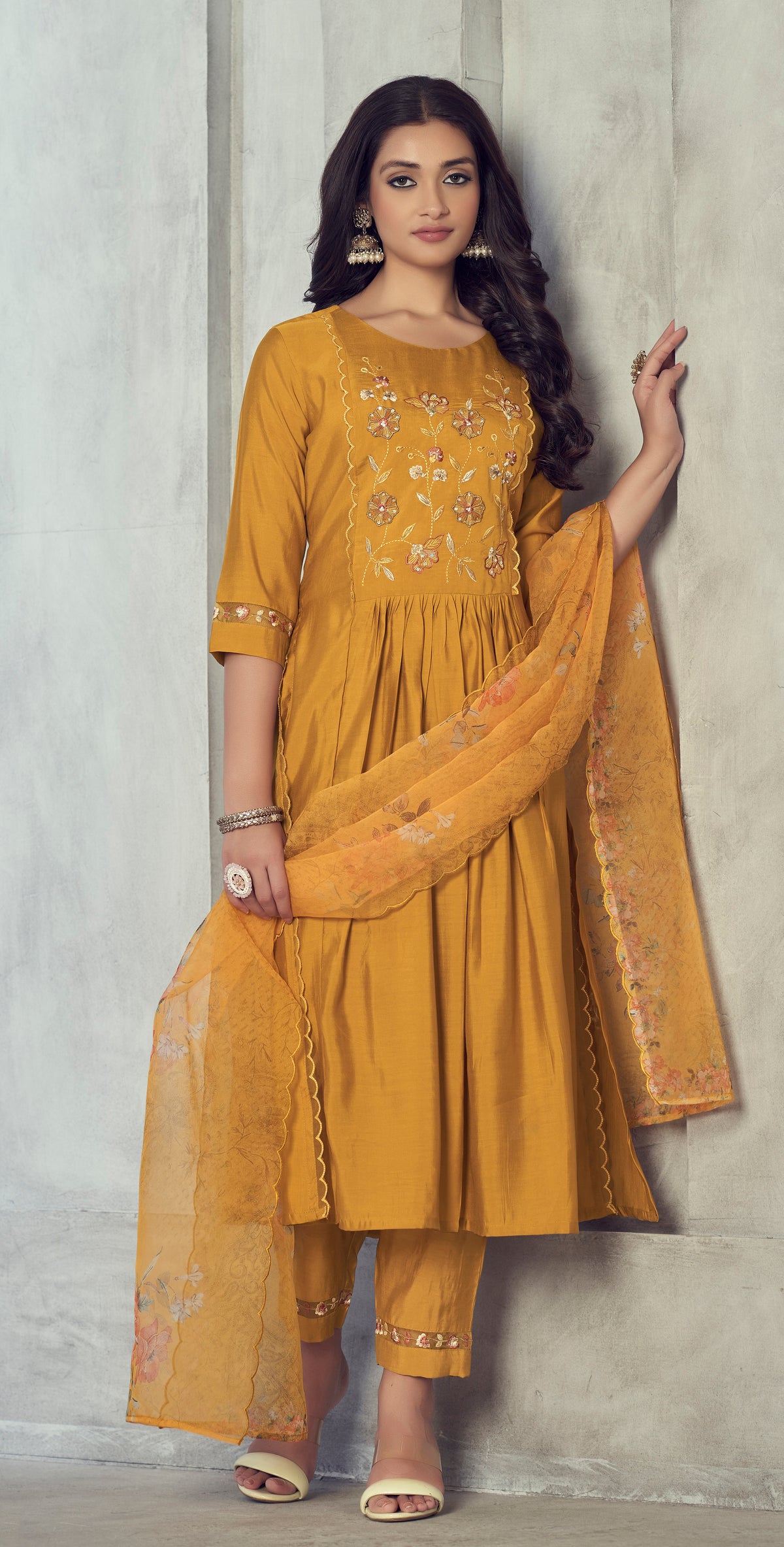 Gold viscose embordered three piece kurta set
