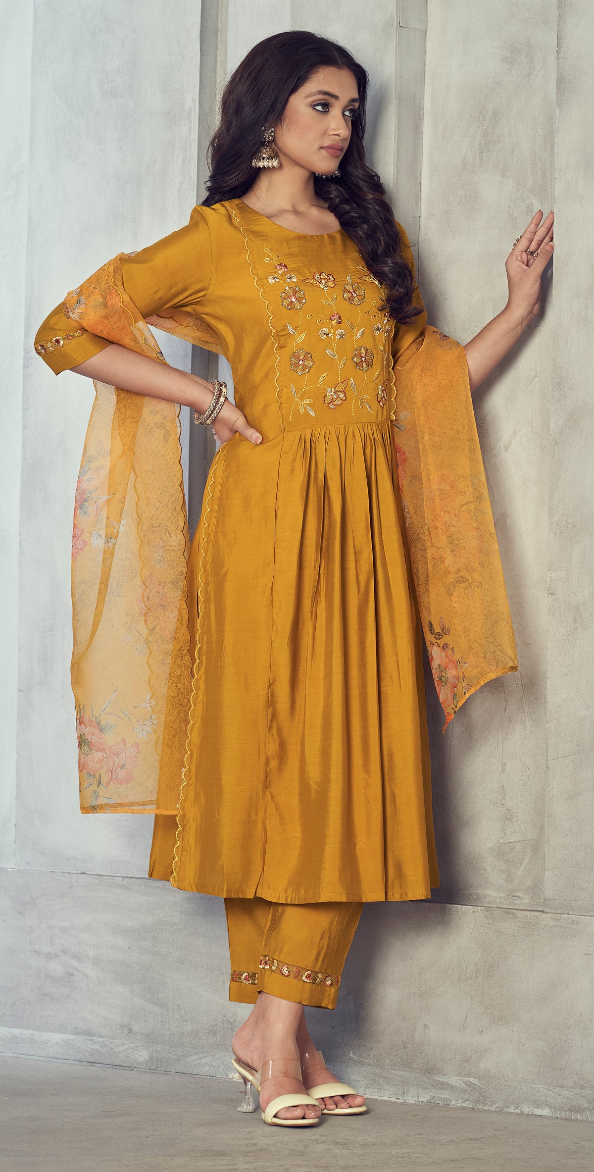 Gold viscose embordered three piece kurta set