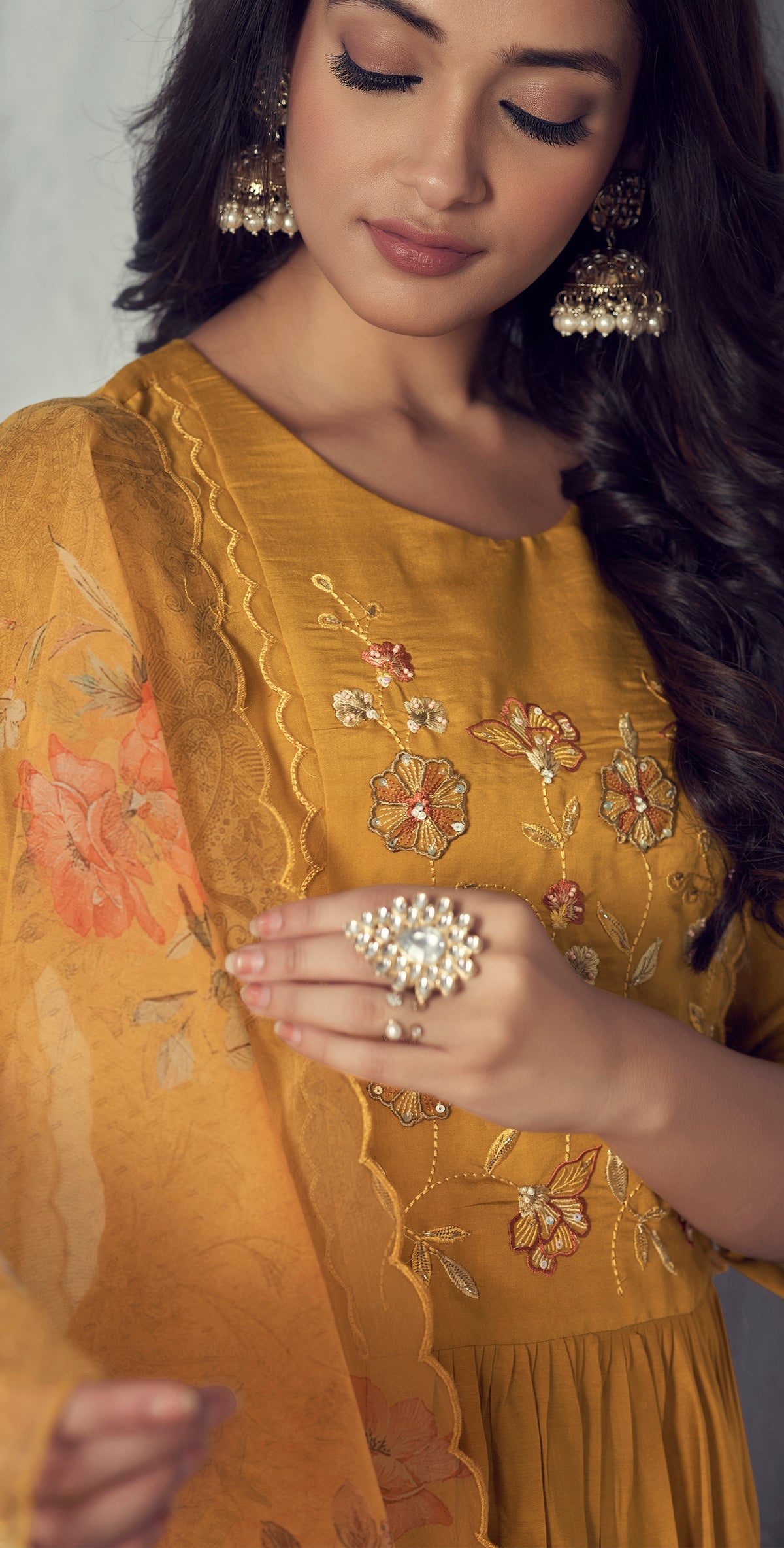 Gold viscose embordered three piece kurta set
