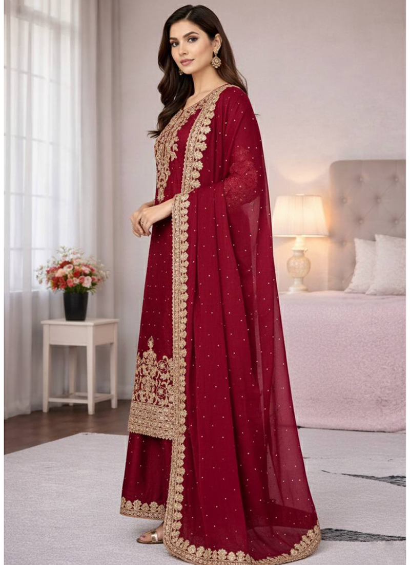 Maroon Jimmy Silk Embroidered Palazzo Suit