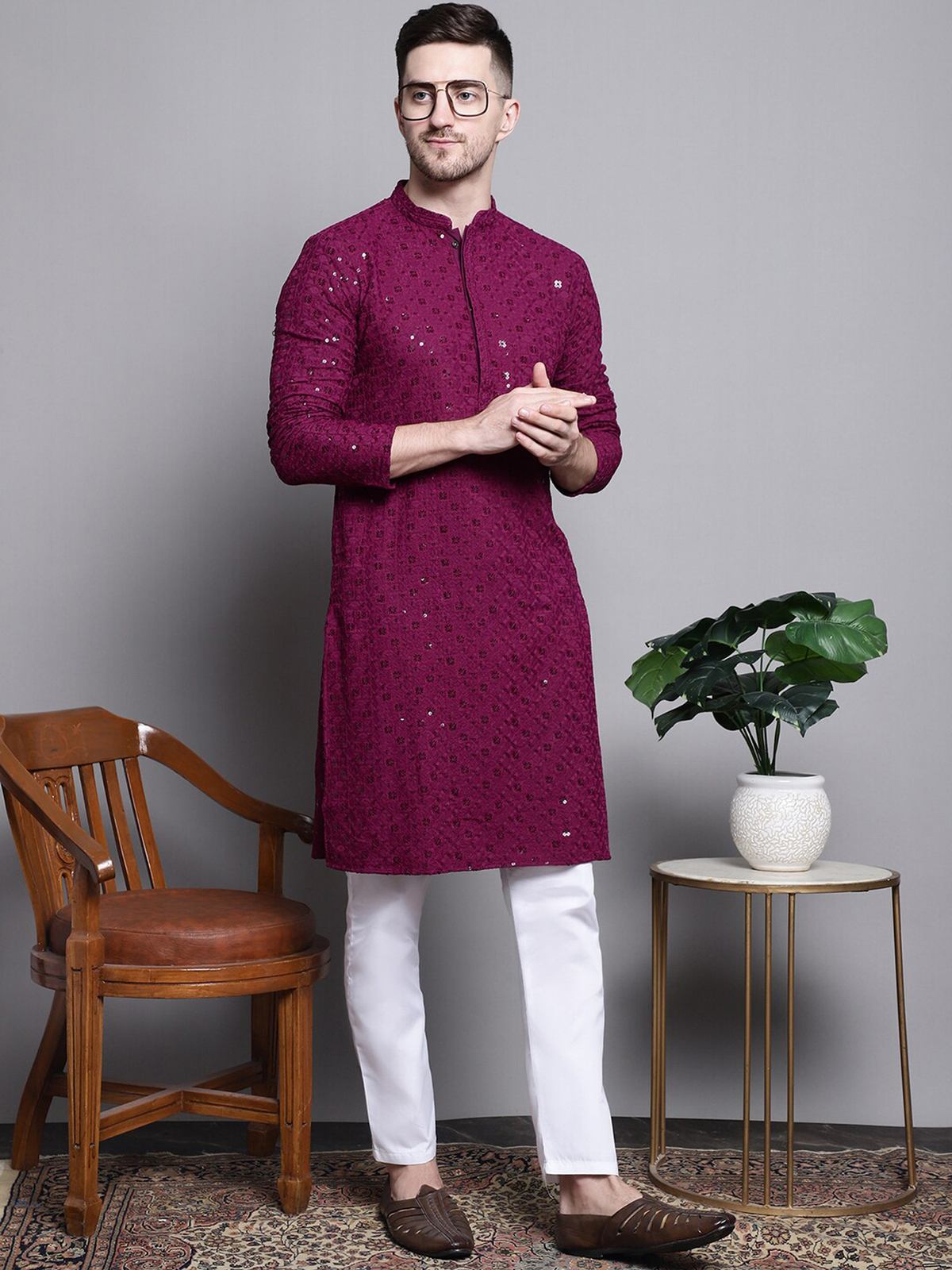 Men’s Purple Embroidered Cotton Kurta AROMIE | Affordable Indian Clothes & Dresses in Canada