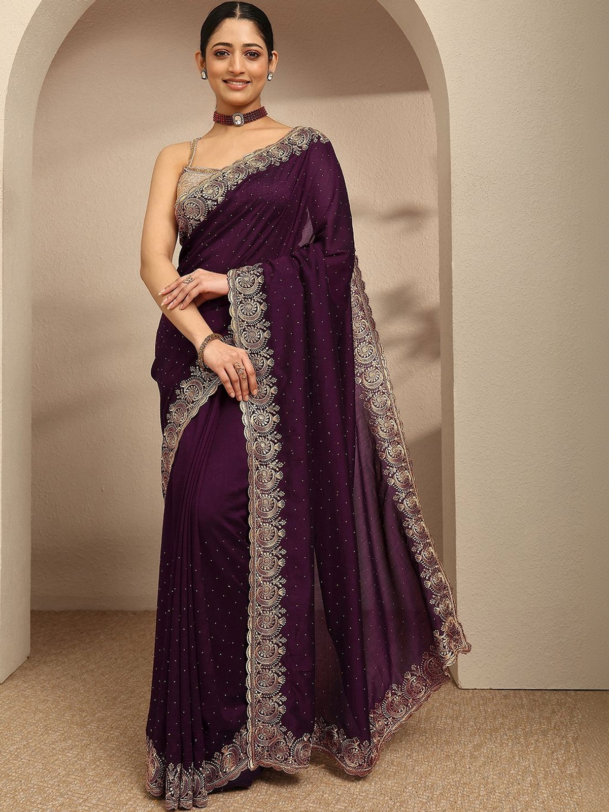 Burgundy Silk Blend Saree with Beadwork and Zari Border aromie