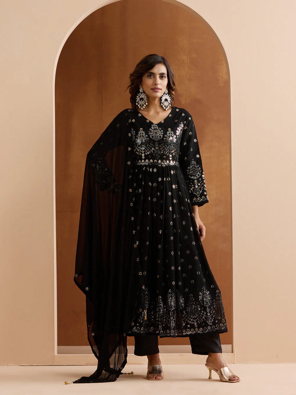Graceful Black poly georgette foil embossed anarkali fit kurta set with dupatta