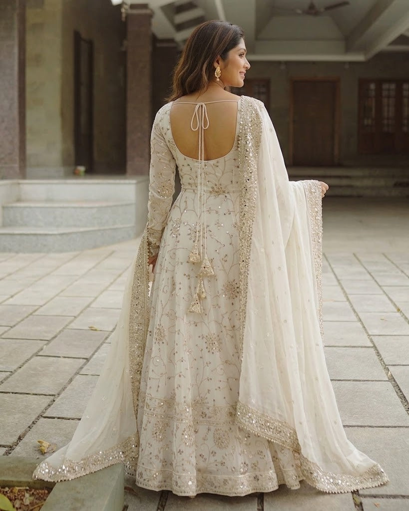 Aromie White Georgette Anarkali Gown - Elegant Three Piece Set